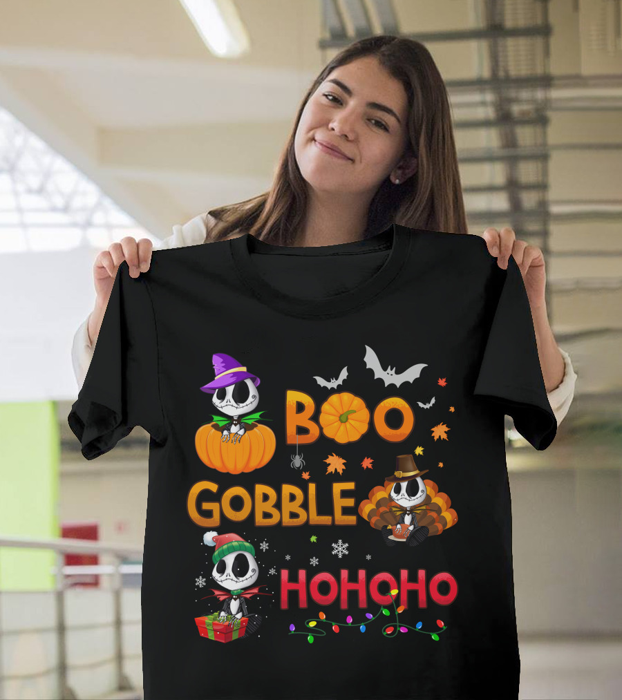 Boo Gobble Hohoho Jack Skellington Halloween Thanksgiving Christmas T-Shirt