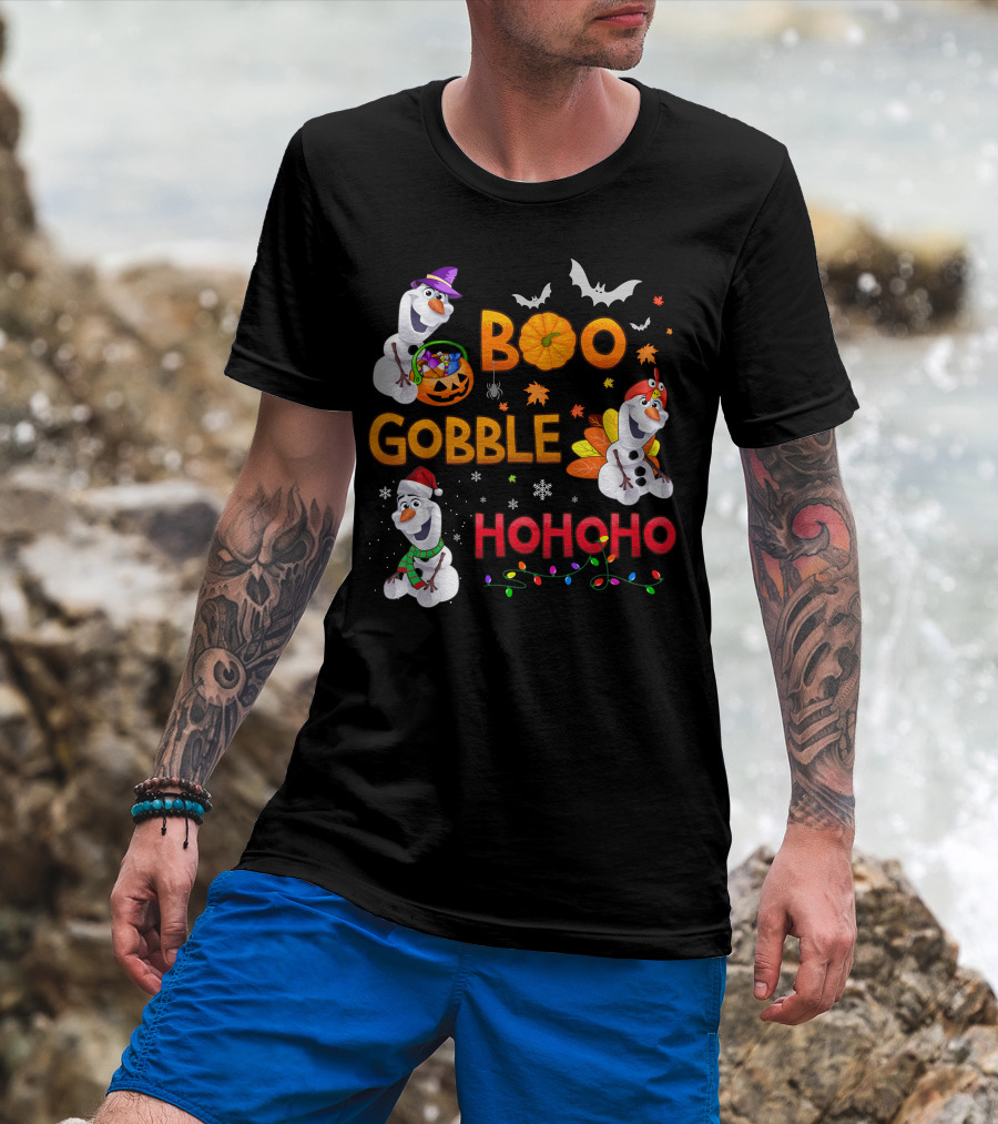 Boo Gobble Hohoho Olaf Halloween Thanksgiving Christmas T-Shirt