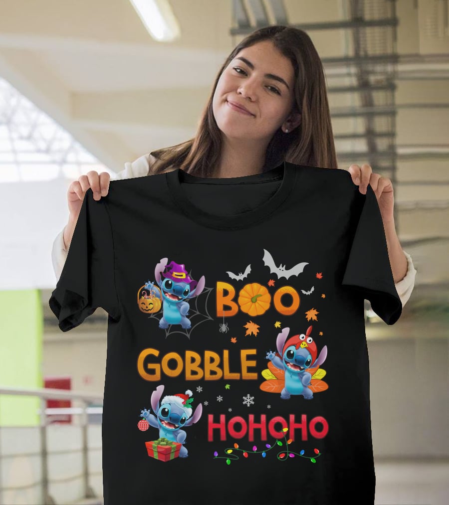 Boo Gobble Hohoho Stitch Halloween Thanksgiving Christmas T-Shirt