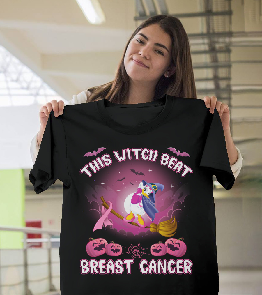 This Witch Beat Breast Cancer Daisy D Broom Pink Ribbon Pumpkins Bat Night Sky T-Shirt