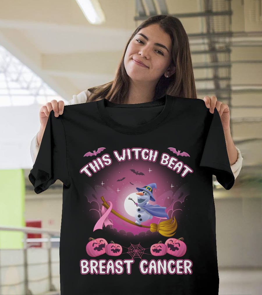 This Witch Beat Breast Cancer Olaf Broomstick Pink Ribbon Halloween Pumpkin Bat Moon T-Shirt