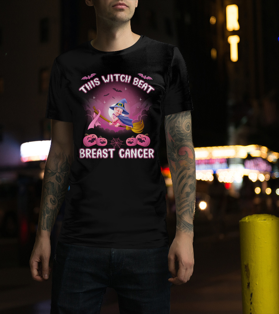 This Witch Beat Breast Cancer Piglet Halloween Pumpkins Broomstick Moon Bats T-Shirt