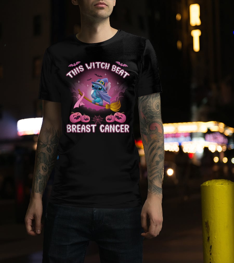 This Witch Beat Breast Cancer Stitch Riding Broom With Pumpkins And Bats T-Shirt