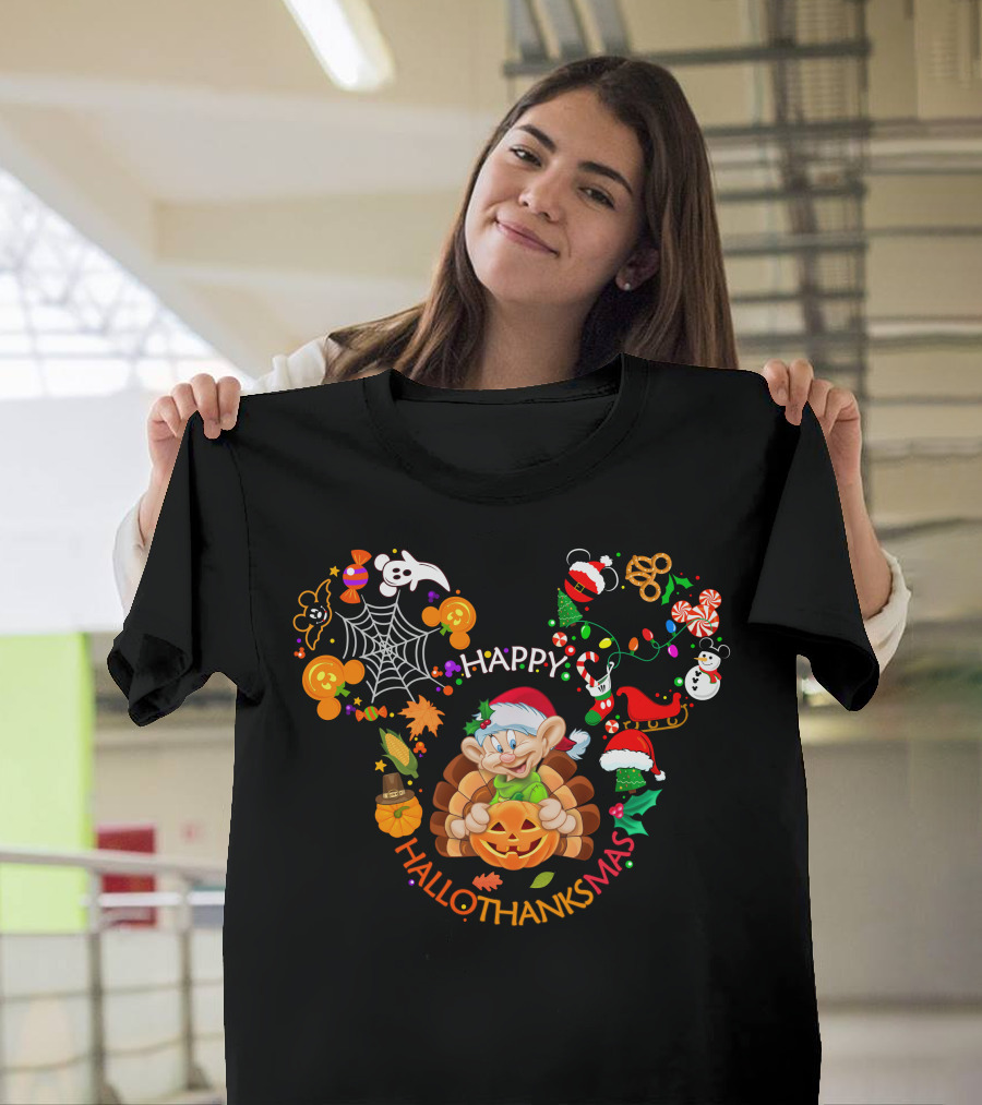 Happy Hallothanksmas Dopey Christmas Halloween Thanksgiving T-Shirt