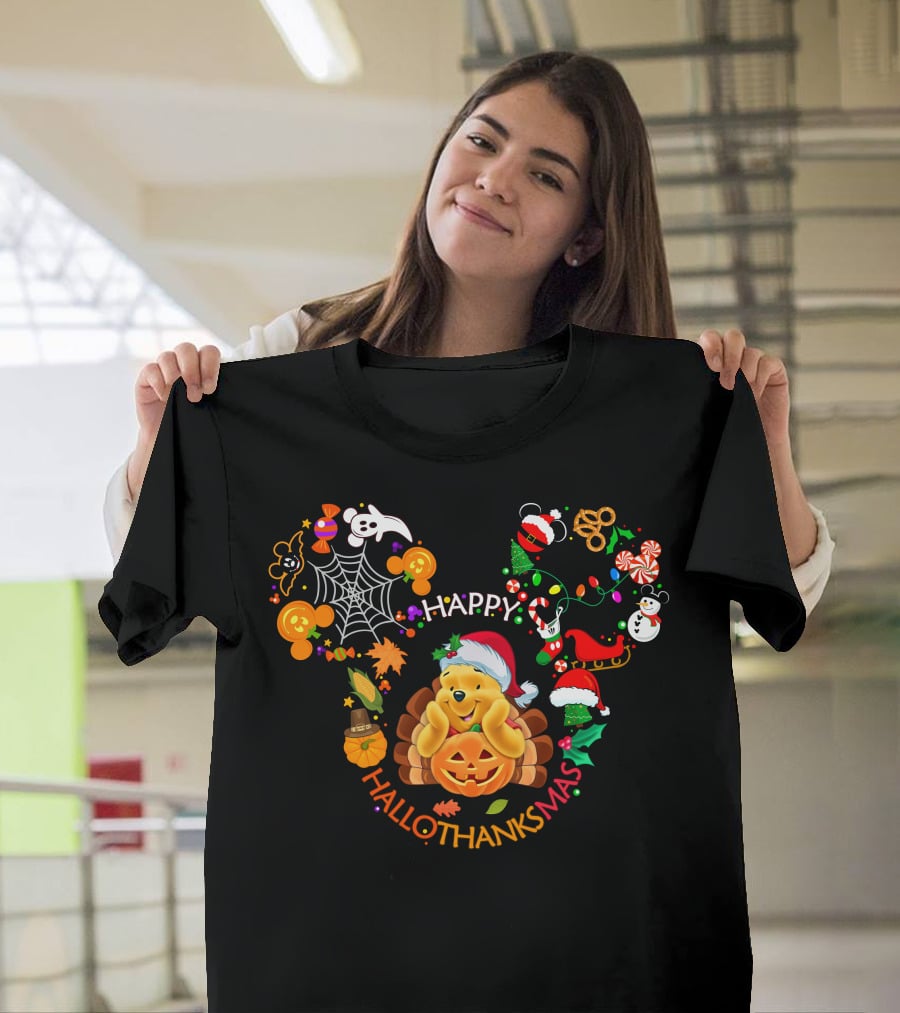 Happy Hallothanksmas Pooh Holiday Celebration T-Shirt