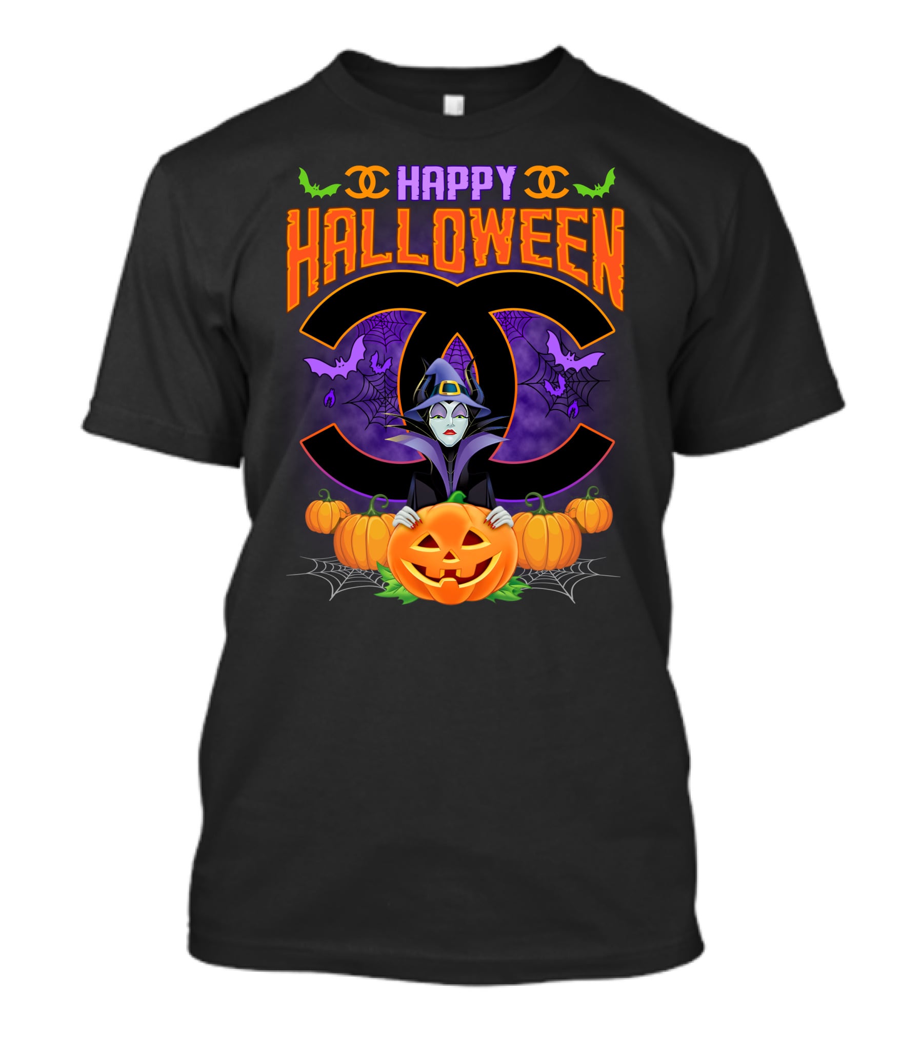 Happy Halloween Maleficent Pumpkins Bats Spiderwebs Double C T-Shirt