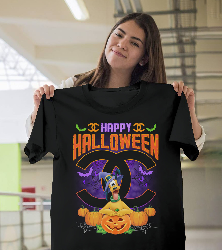 Happy Halloween Pluto Pumpkins Bat Symbols And Spider Webs T-Shirt