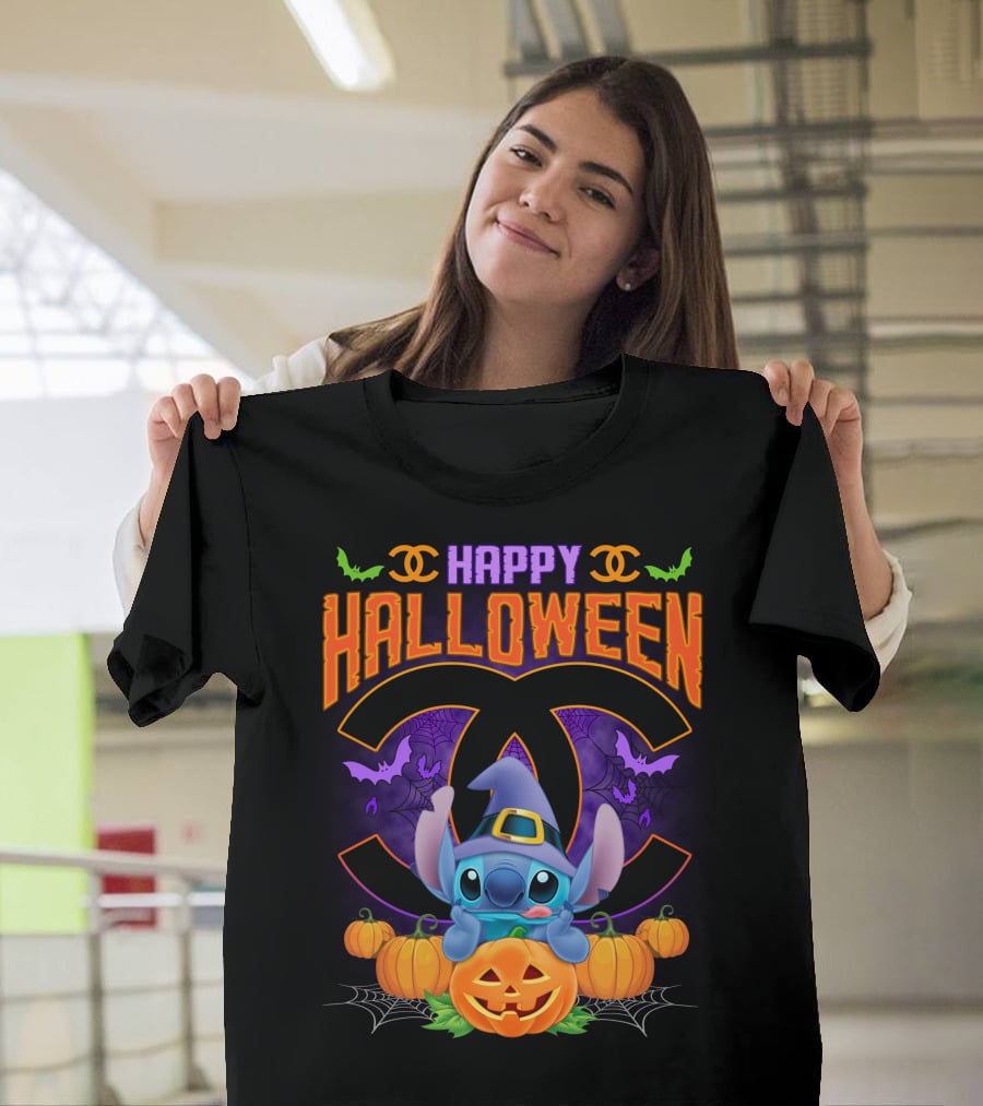Stitch Happy Halloween Pumpkins And Bats T-Shirt