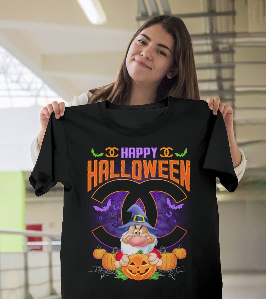 Happy Halloween Grumpy Dwarf With Pumpkins And Bat Accents On Chanel Logo Backdrop T-Shirt