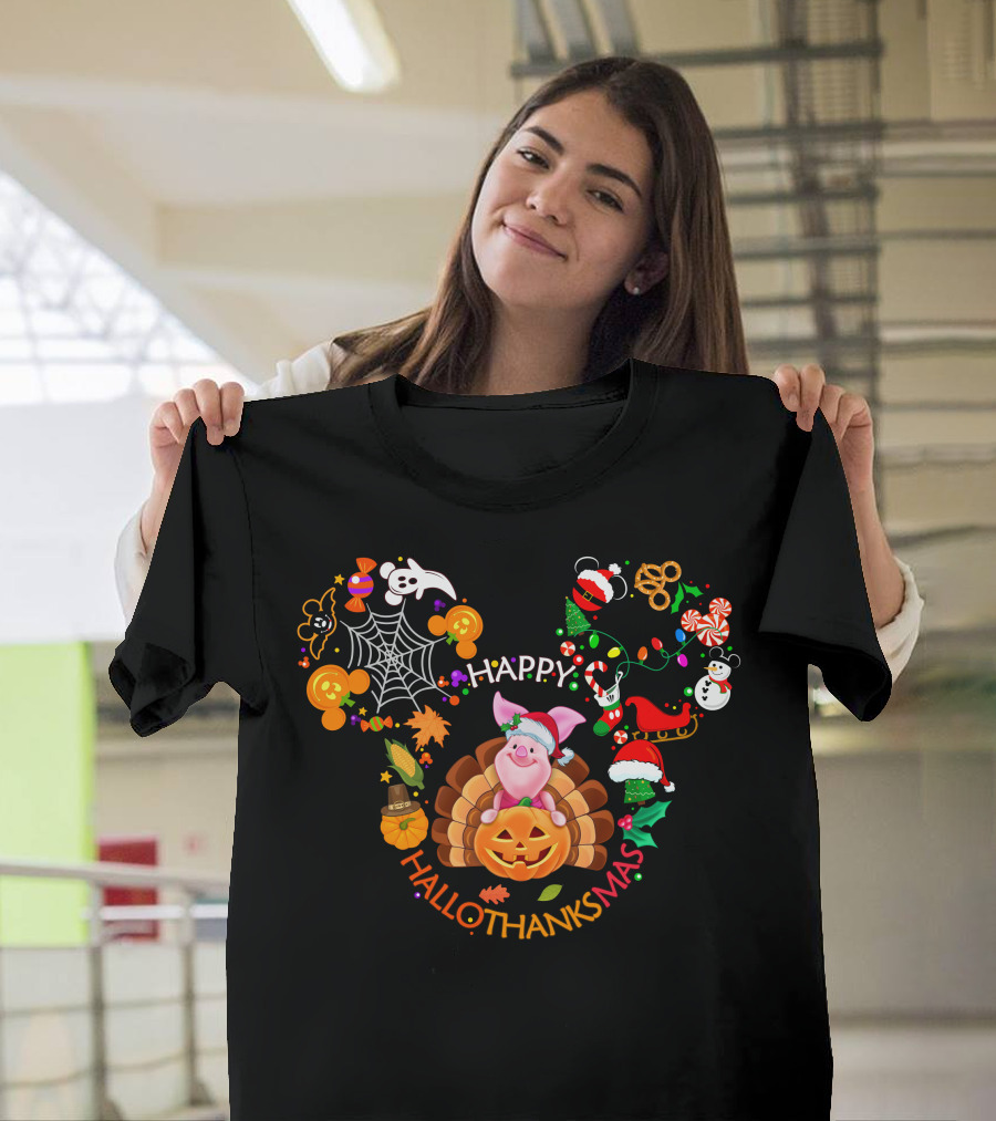 Happy Hallothanksmas Piglet Holiday Festive Celebration T-Shirt
