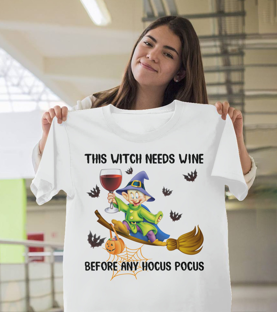 This Witch Needs Wine Before Any Hocus Pocus Dopey Halloween Bats Pumpkin T-Shirt