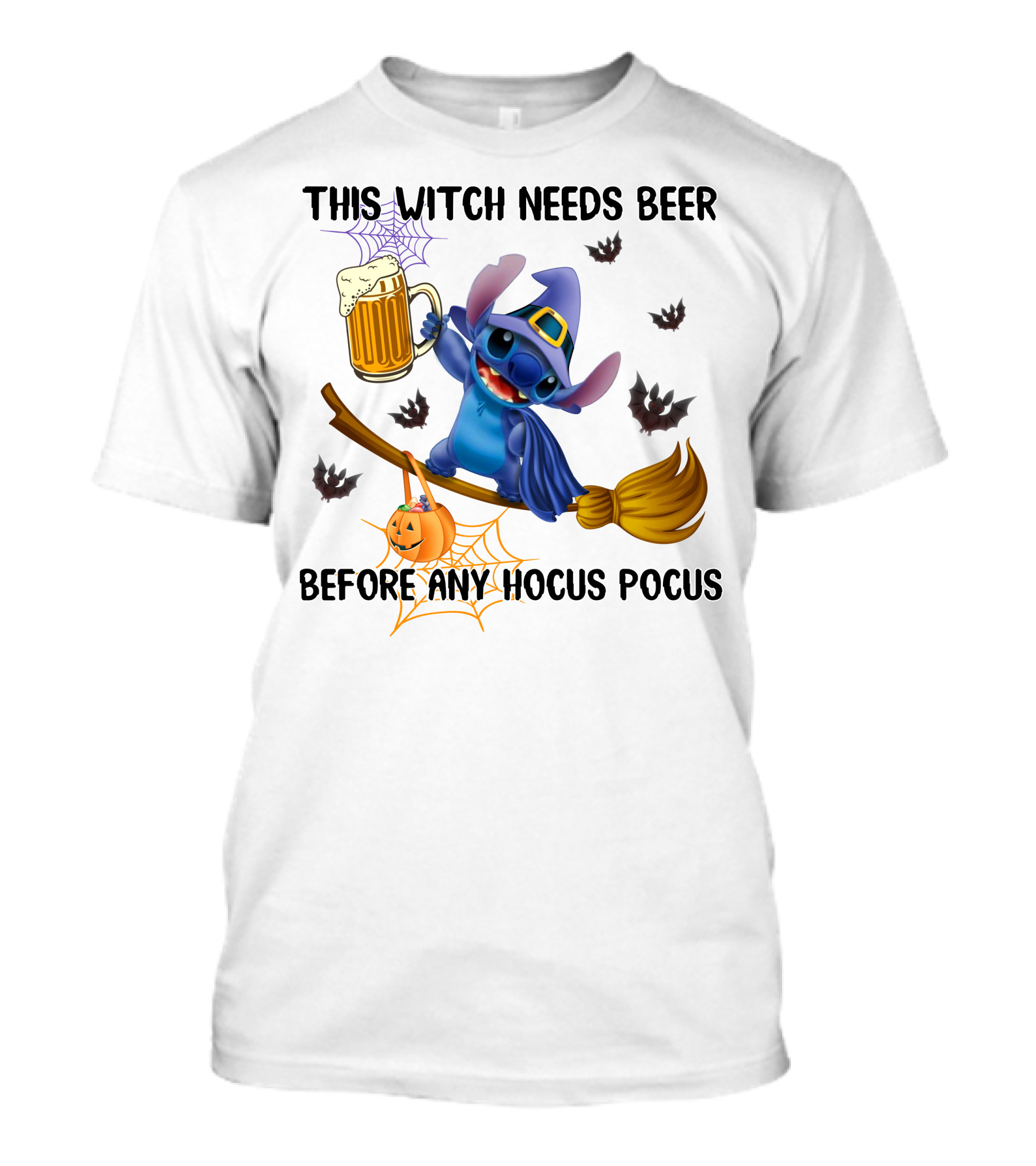 This Witch Needs Beer Before Any Hocus Pocus Stitch Broom Pumpkin Bats T-Shirt