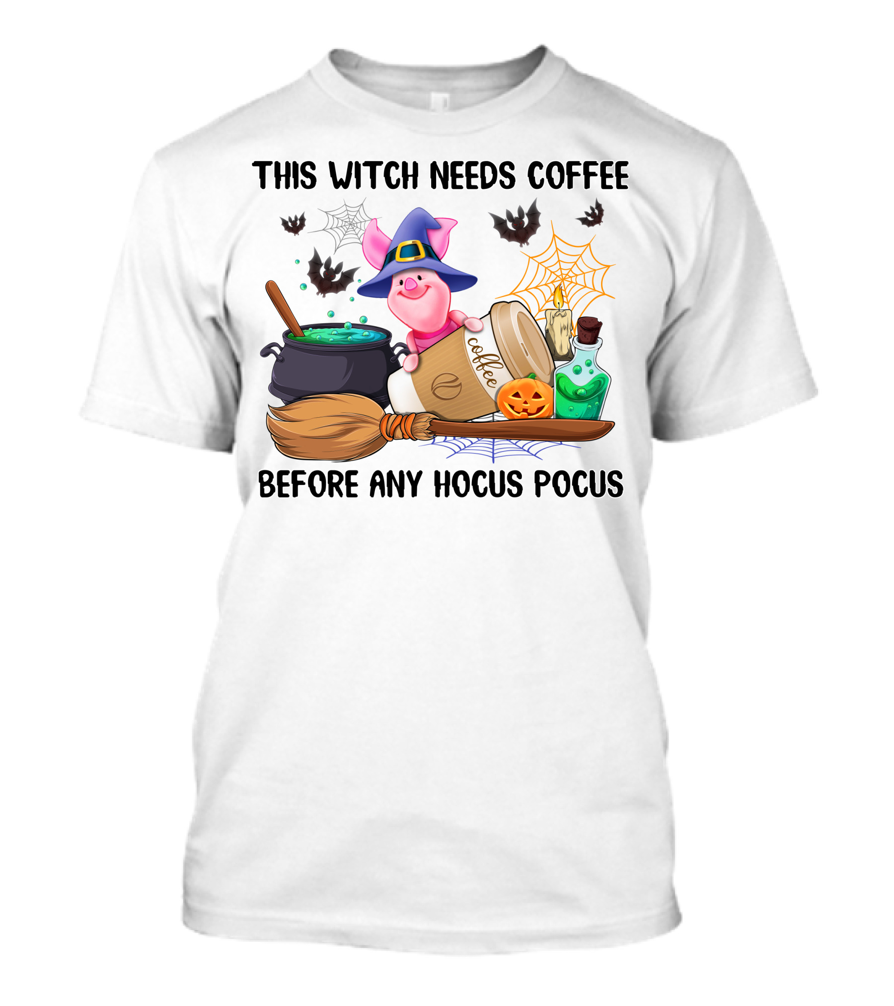 This Witch Needs Coffee Before Any Hocus Pocus Piglet Pumpkin Bats Potions T-Shirt