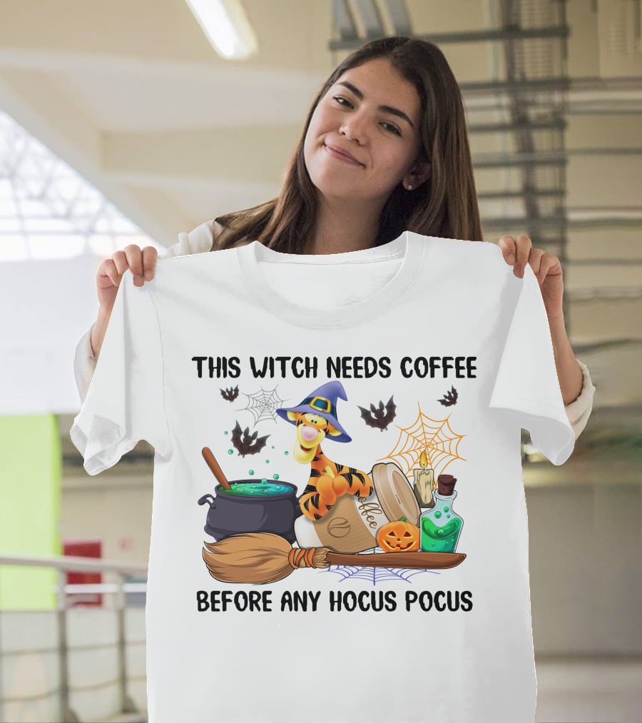 This Witch Needs Coffee Before Any Hocus Pocus Tigger With Broomstick And Pumpkin Batwing Cauldron And Candle T-Shirt