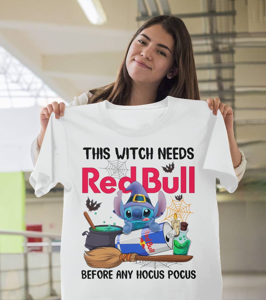 This Witch Needs Red Bull Before Any Hocus Pocus Stitch Wearing Witch Hat With Red Bull Can Cauldron And Spell Book T-Shirt
