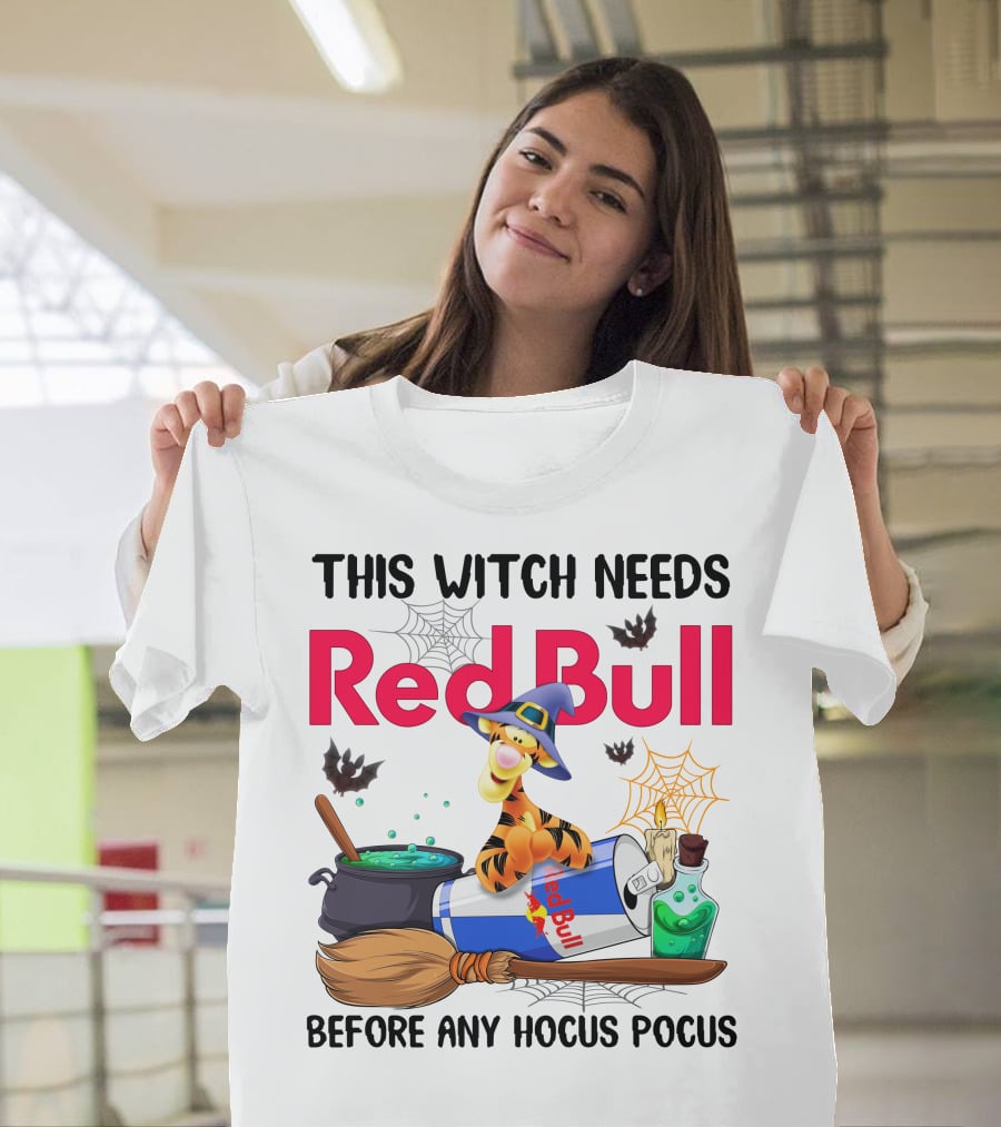 This Witch Needs Red Bull Before Any Hocus Pocus Tigger With Witch Hat And Red Bull Can T-Shirt