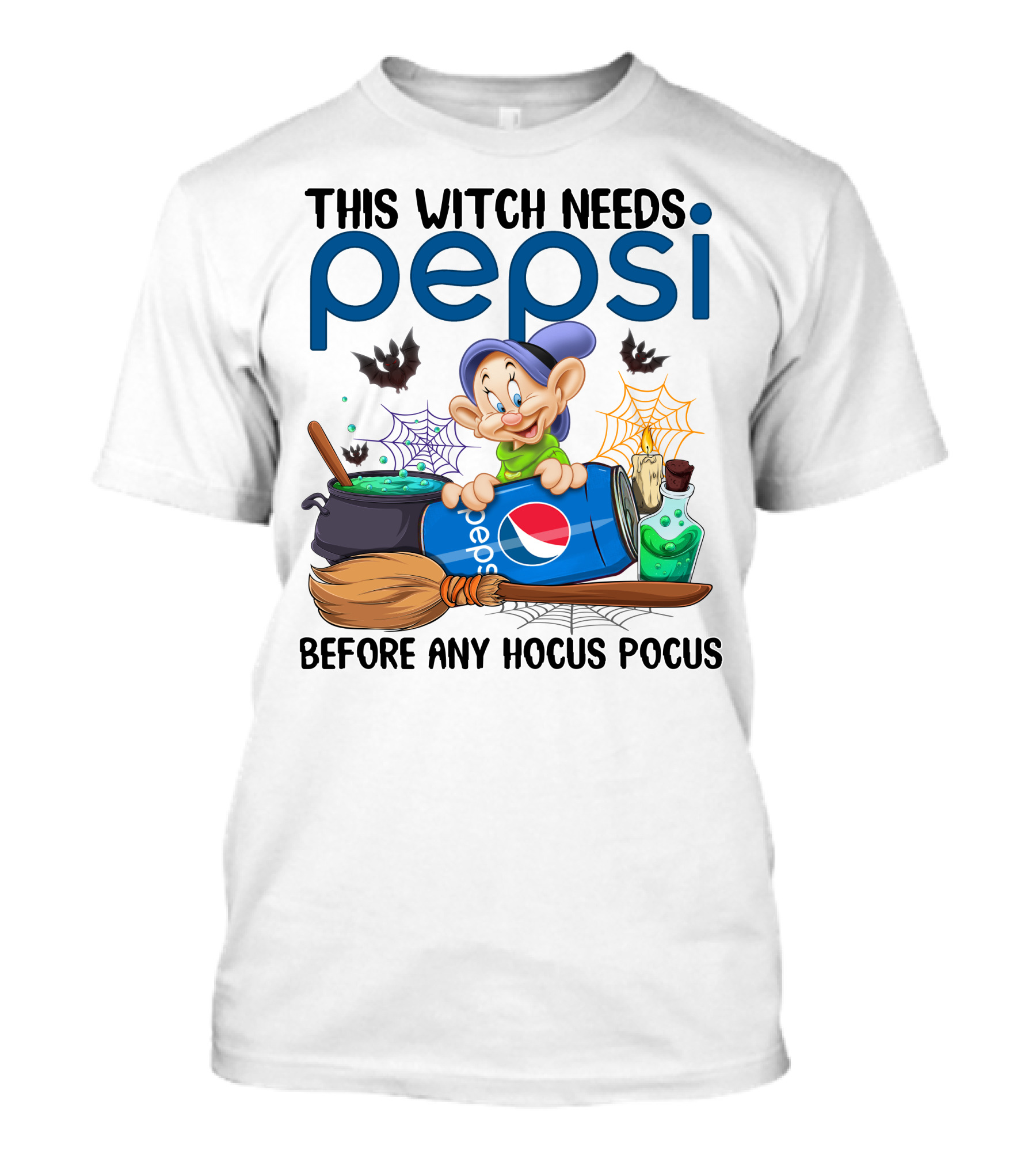 This Witch Needs Pepsi Before Any Hocus Pocus Dopey Cauldron Bats T-Shirt