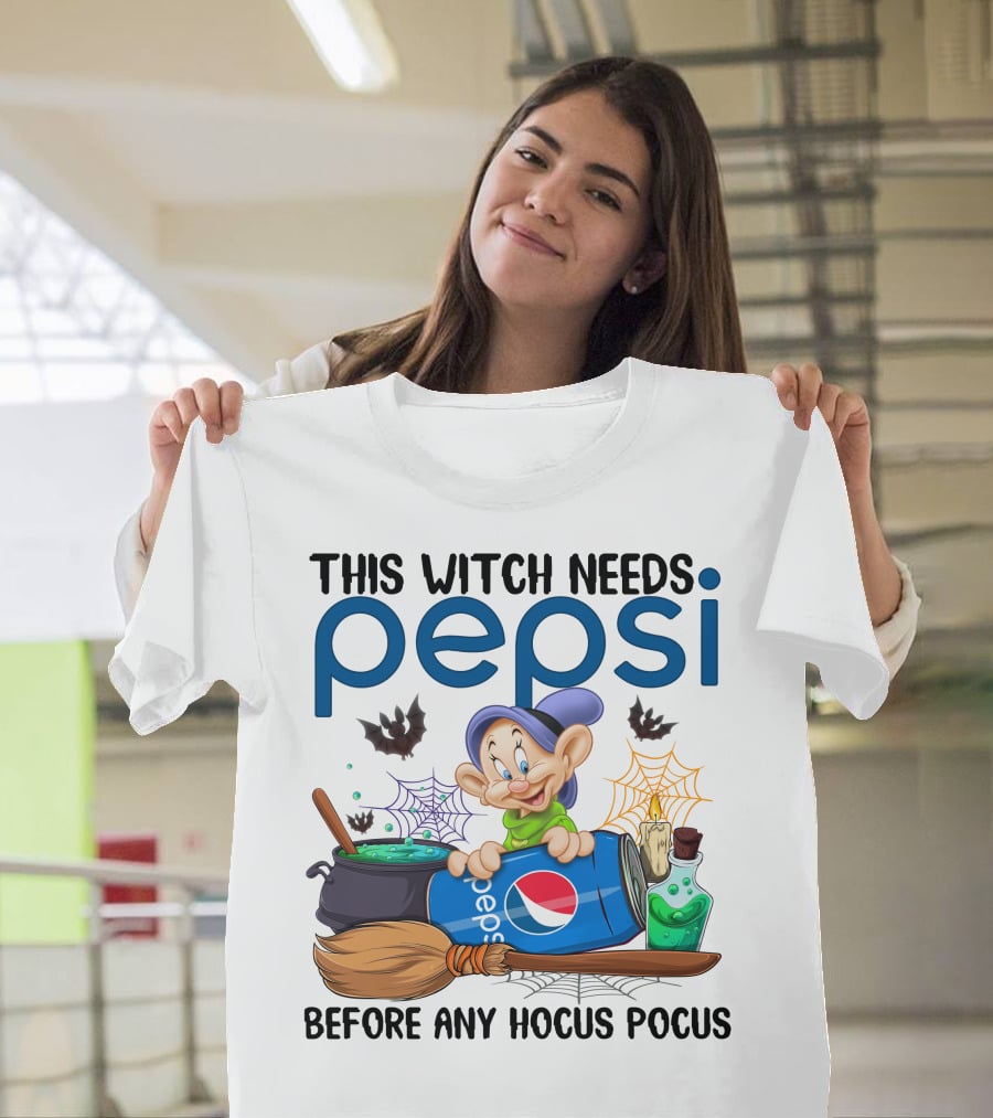 This Witch Needs Pepsi Before Any Hocus Pocus Dopey Cauldron Bats T-Shirt