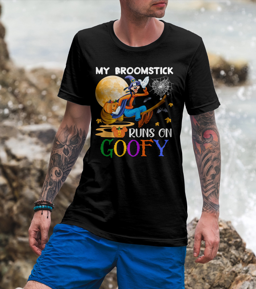 My Broomstick Runs On Goofy Halloween Moon Pumpkin Spiderweb T-Shirt