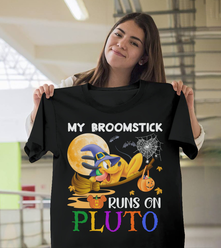 My Broomstick Runs On Pluto Halloween Moon Bats Spider Web Pumpkin T-Shirt