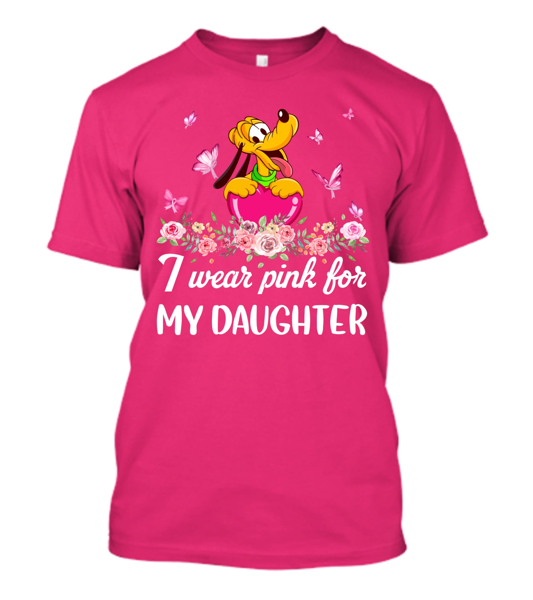 I Wear Pink For My Daughter Pluto Disney Floral Butterflies T-Shirt