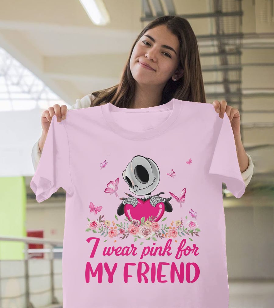 I Wear Pink For My Friend Jack Skellington Pink Butterflies And Flowers T-Shirt