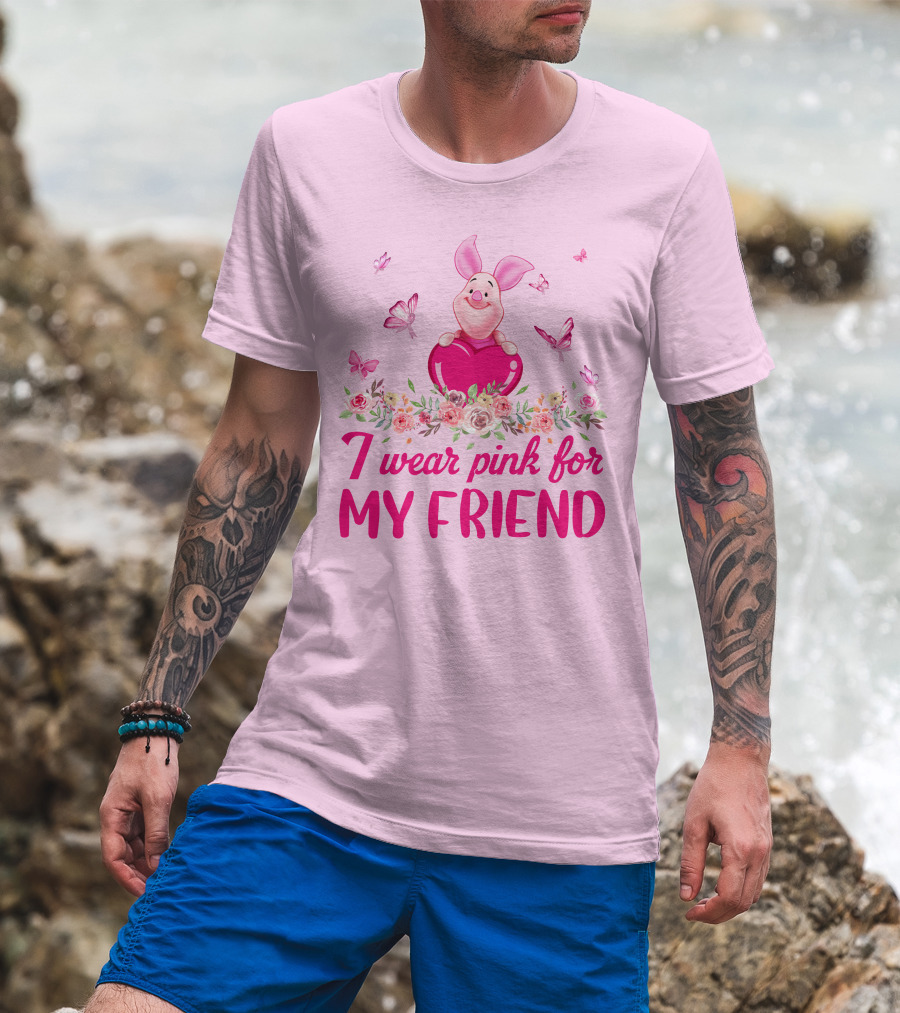 I Wear Pink For My Friend Piglet Floral Butterflies T-Shirt
