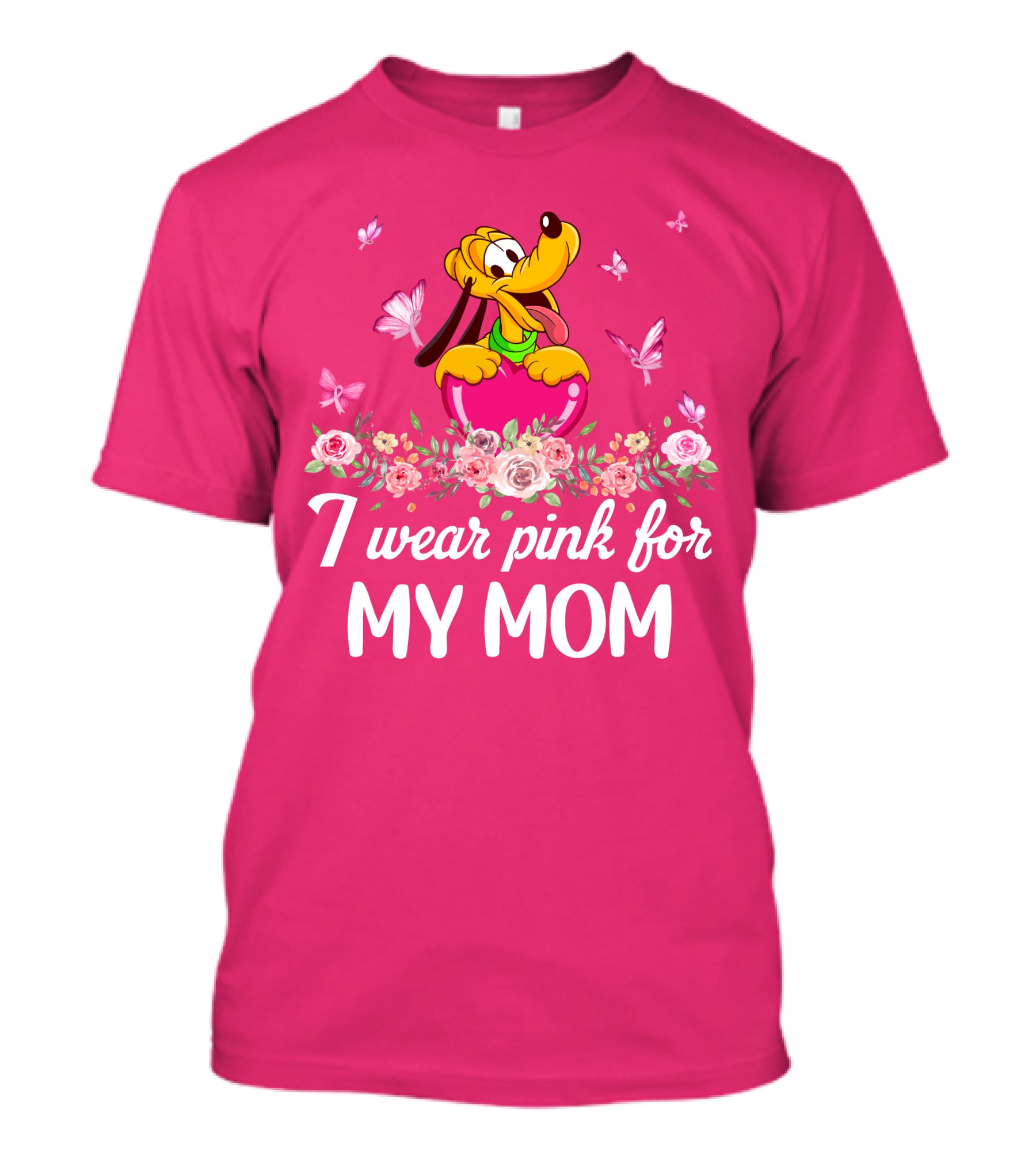I Wear Pink For My Mom Pluto Butterflies Roses T-Shirt