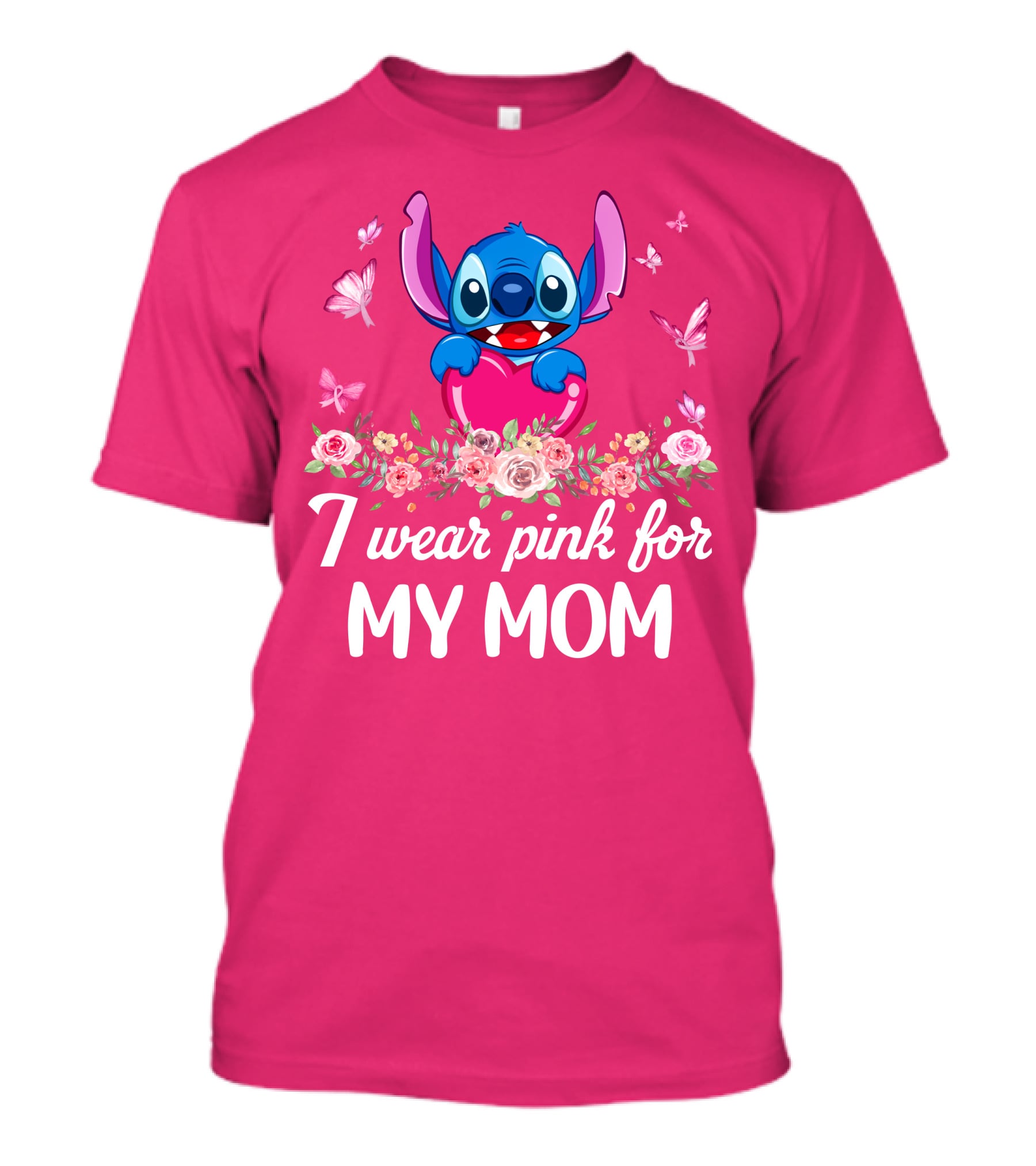 I Wear Pink For My Mom Stitch Floral Butterflies T-Shirt