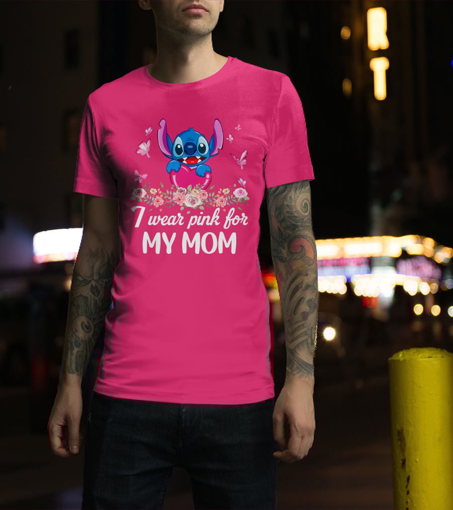 I Wear Pink For My Mom Stitch Floral Butterflies T-Shirt