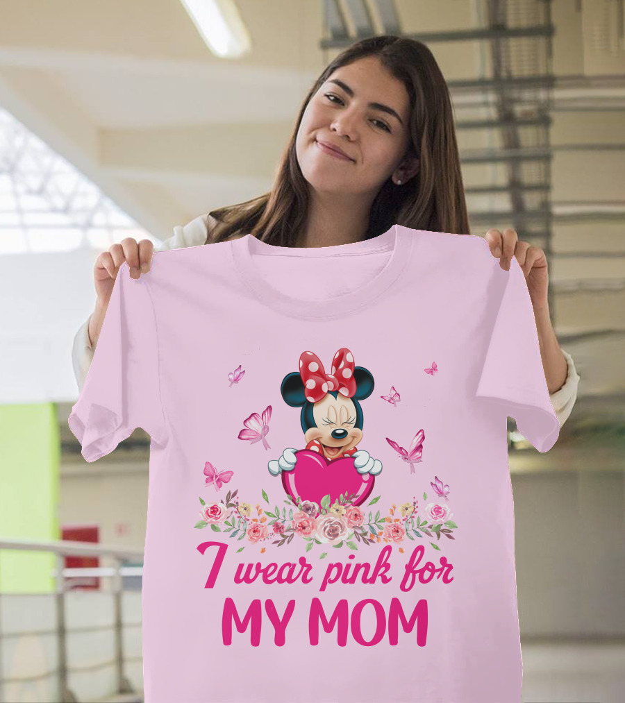 I Wear Pink For My Mom Minnie Butterfly Floral T-Shirt