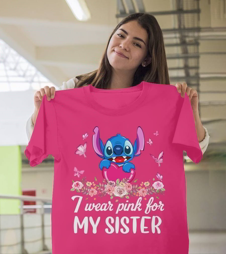 I Wear Pink For My Sister Stitch Butterfly Floral T-Shirt