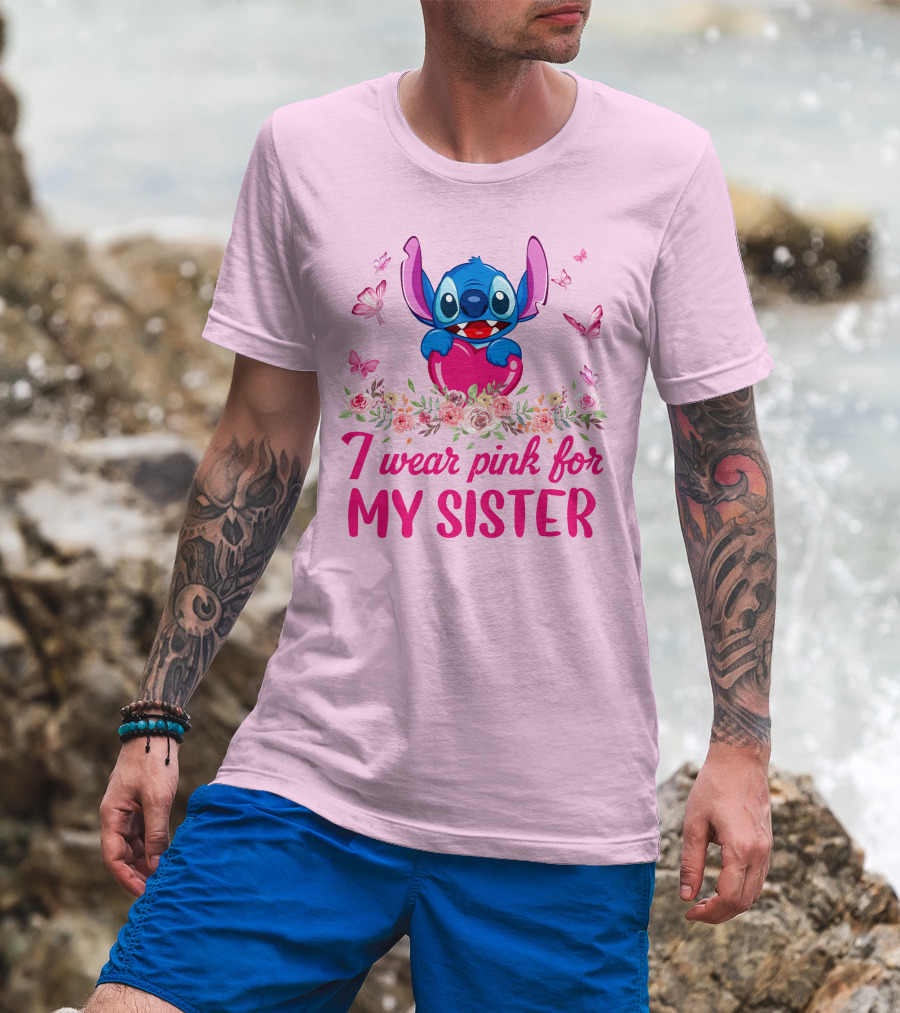 I Wear Pink For My Sister Stitch Butterfly Flower Theme T-Shirt