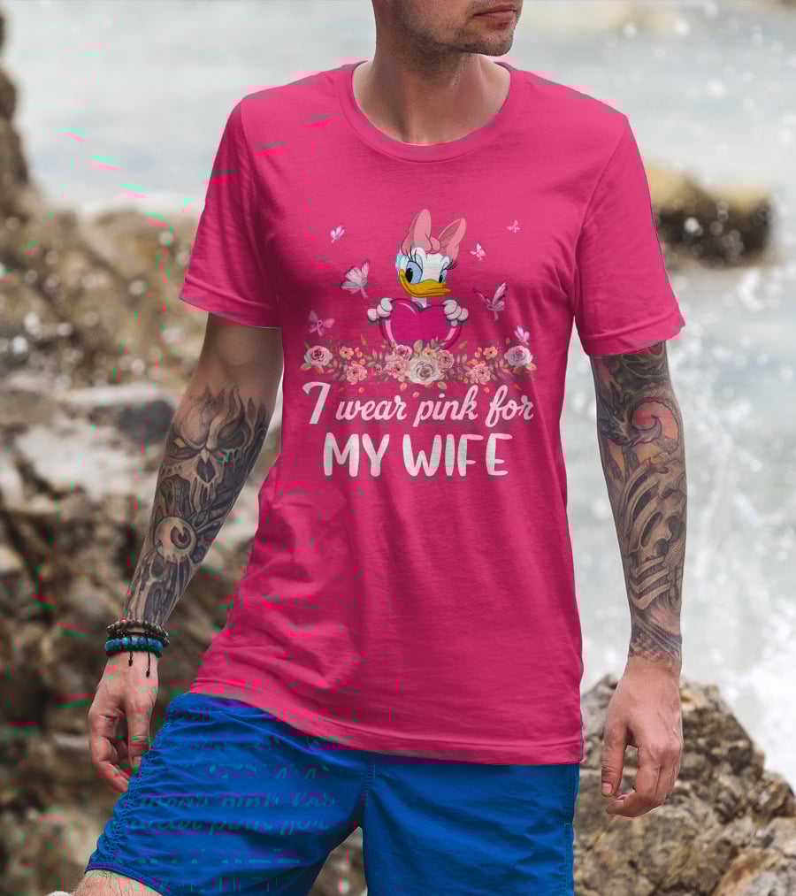 I Wear Pink For My Wife Daisy Roses Butterflies T-Shirt