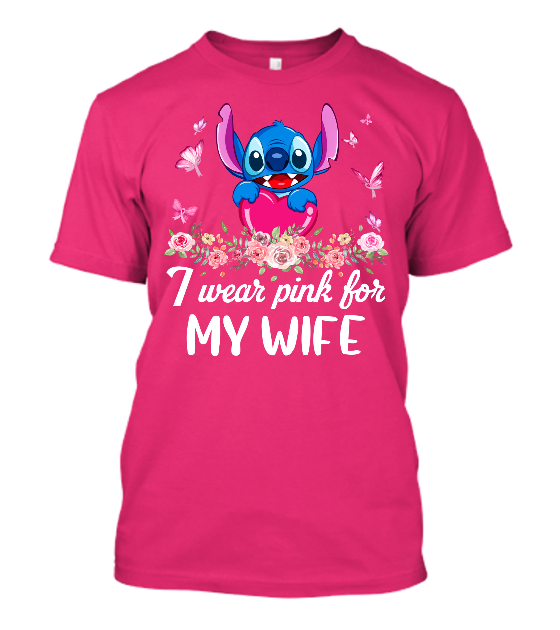 Stitch I Wear Pink For My Wife Butterfly And Floral T-Shirt