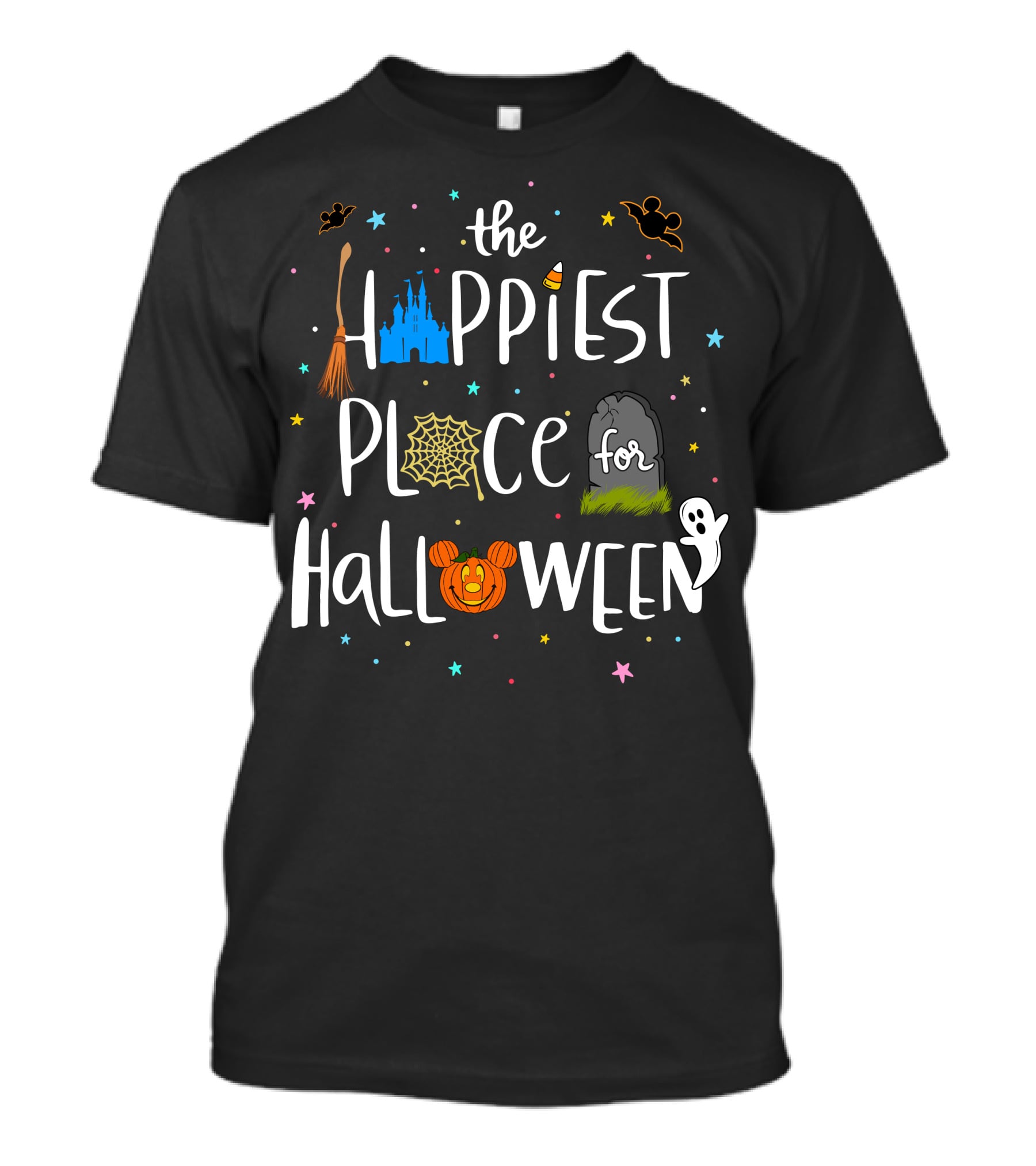 The Happiest Place For Halloween Spooky Castle Mickey Pumpkin Ghost Bats T-Shirt