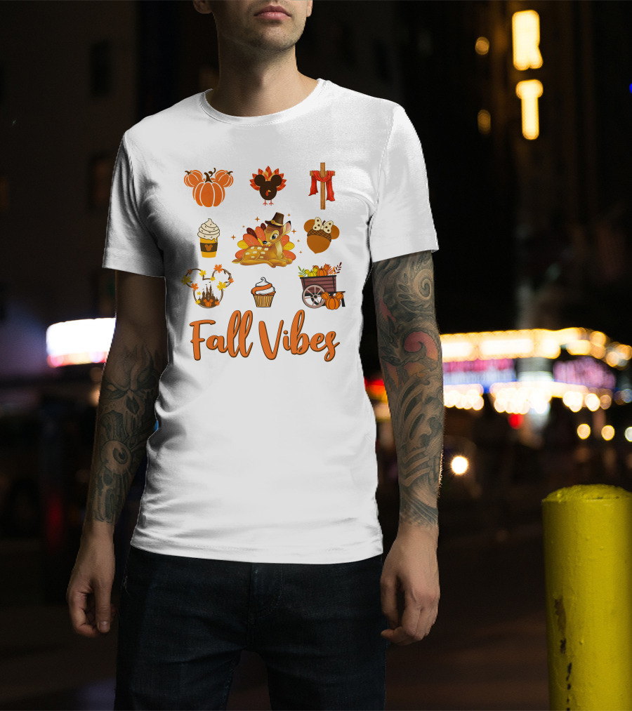 Fall Vibes Bambi Pumpkin Coffee Castle Mickey Ears Thanksgiving T-Shirt