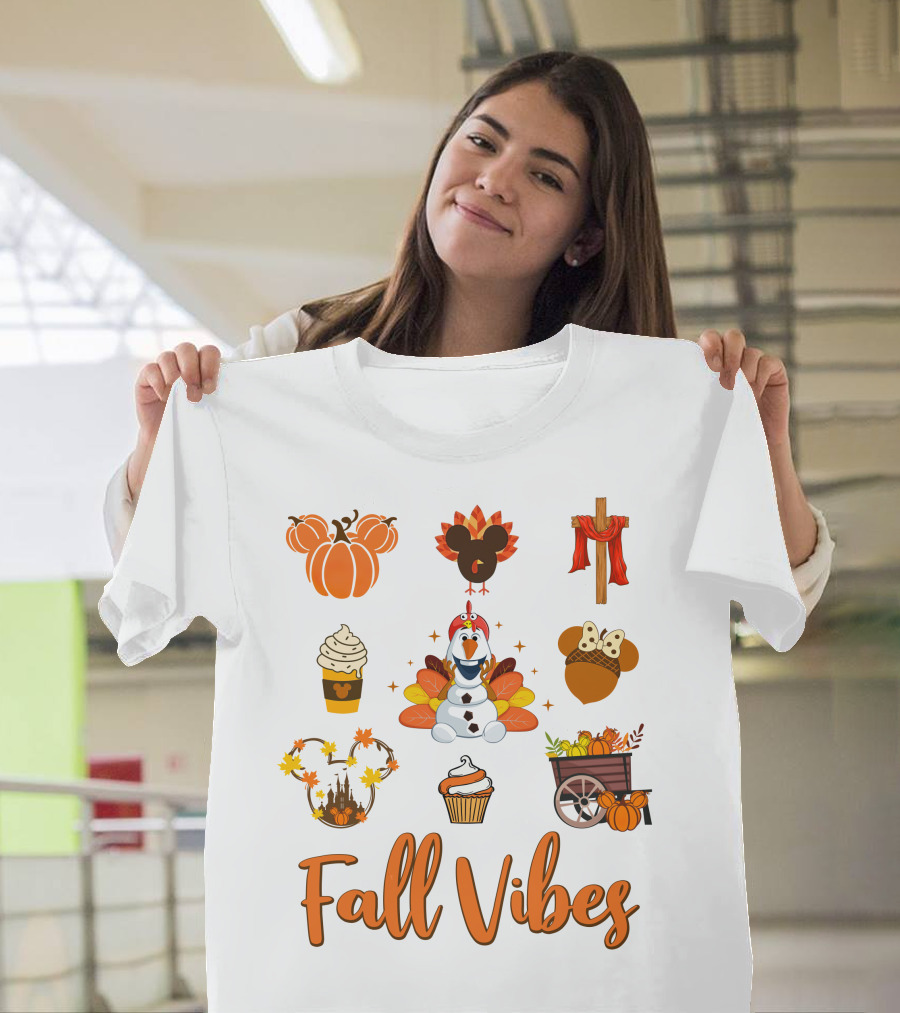 Fall Vibes Olaf Pumpkin Mickey Ears Turkey Cupcake T-Shirt