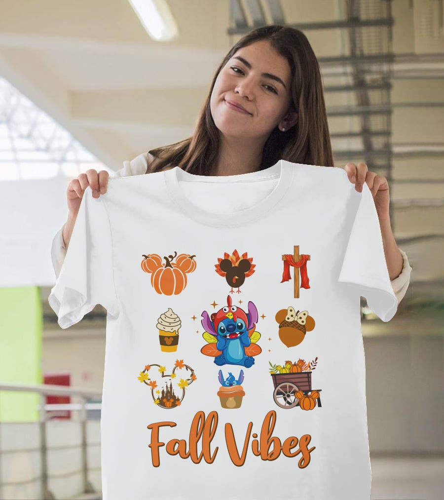 Stitch Fall Vibes Pumpkin Mickey Cupcake Autumn Cart Wagon Disney T-Shirt