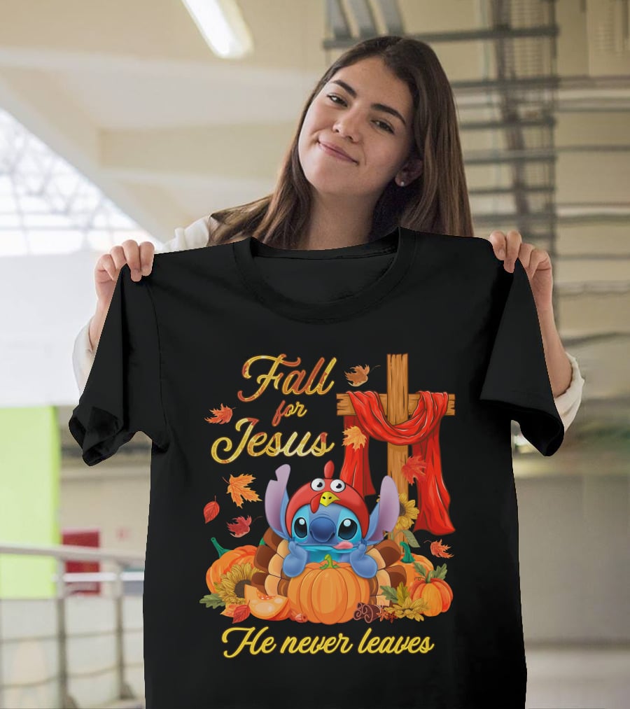 Fall For Jesus He Never Leaves Stitch Pumpkin Cross Autumn T-Shirt