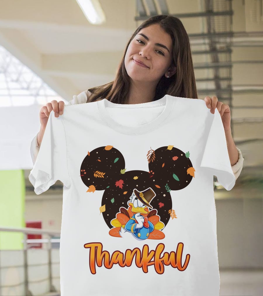 Thankful Donald Duck Mickey Ears Fall Leaves T-Shirt