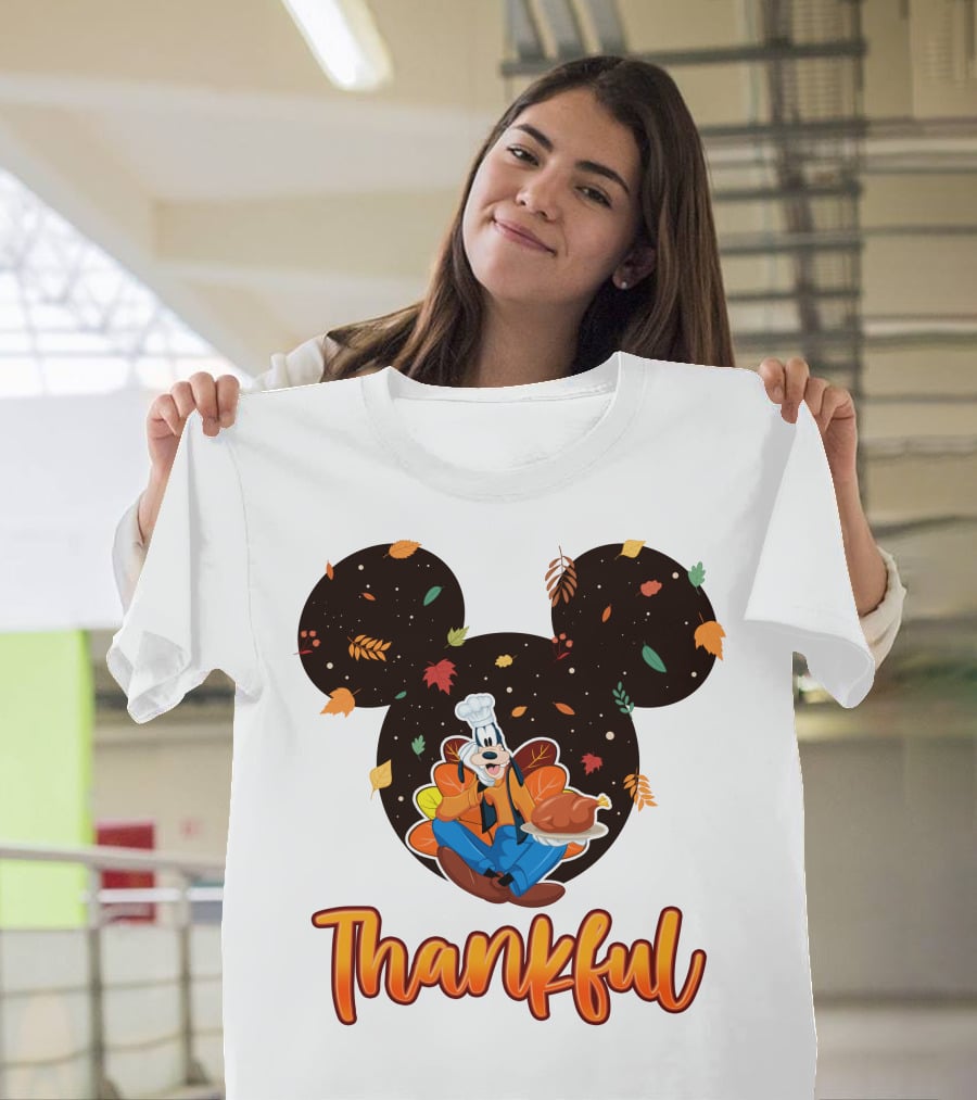 Thankful Goofy Chef With Turkey And Autumn Leaves Mickey Ears T-Shirt