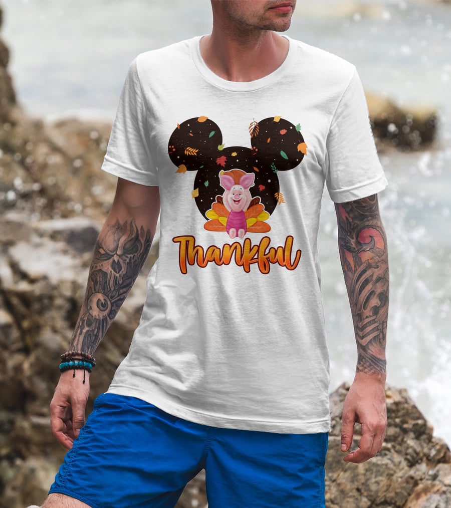 Thankful Piglet With Mickey Ears And Autumn Leaves T-Shirt