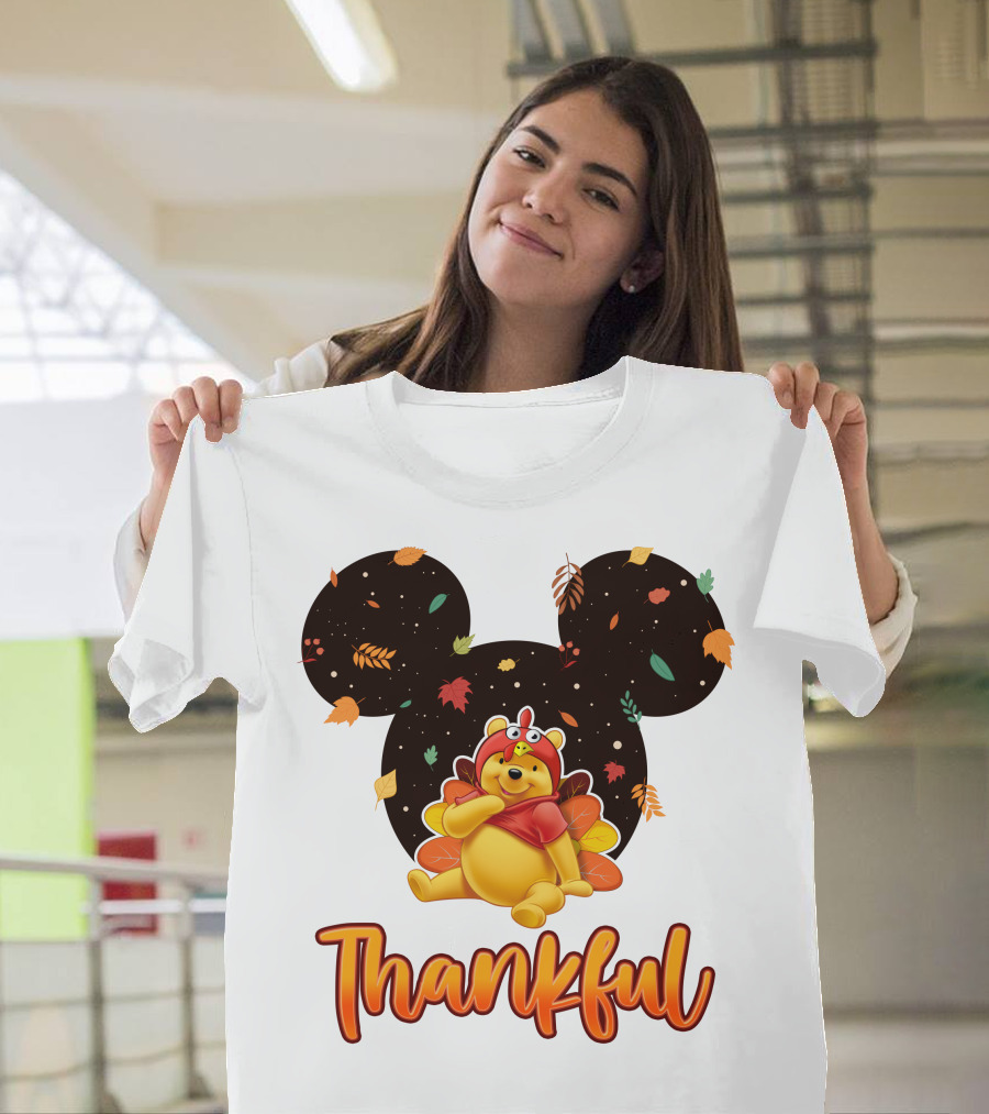 Thankful Pooh Turkey Costume Mickey Ears Leaves T-Shirt