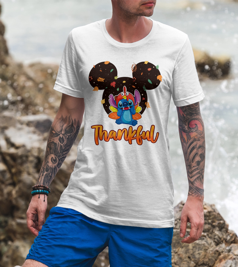 Thankful Stitch Thanksgiving Mickey Ears Autumn Leaves T-Shirt