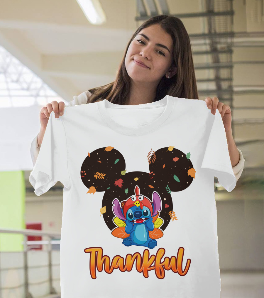 Thankful Stitch Thanksgiving Mickey Ears Autumn Leaves T-Shirt