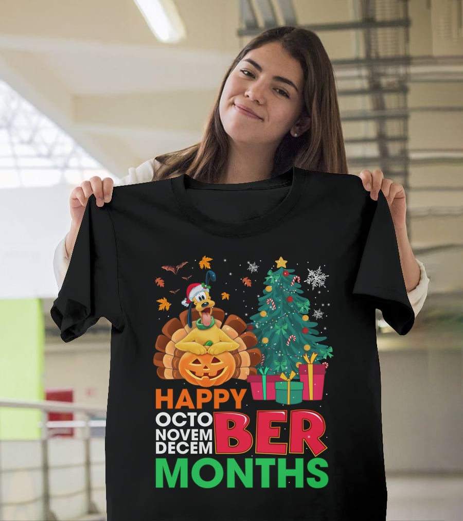Happy Octo Novem Decem Ber Months Pluto Turkey Pumpkin Christmas Tree Presents T-Shirt