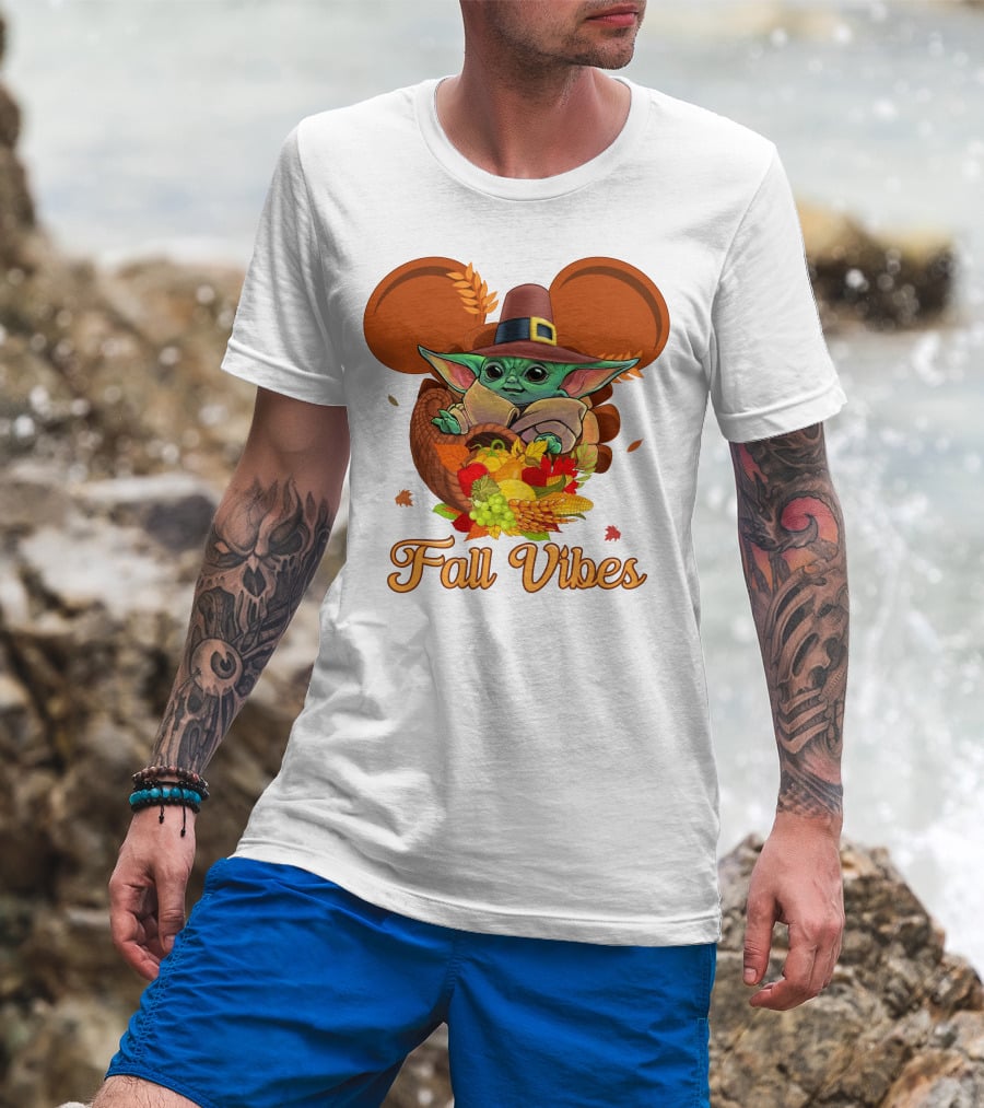 Fall Vibes Baby Yoda Mickey Ears Cornucopia T-Shirt