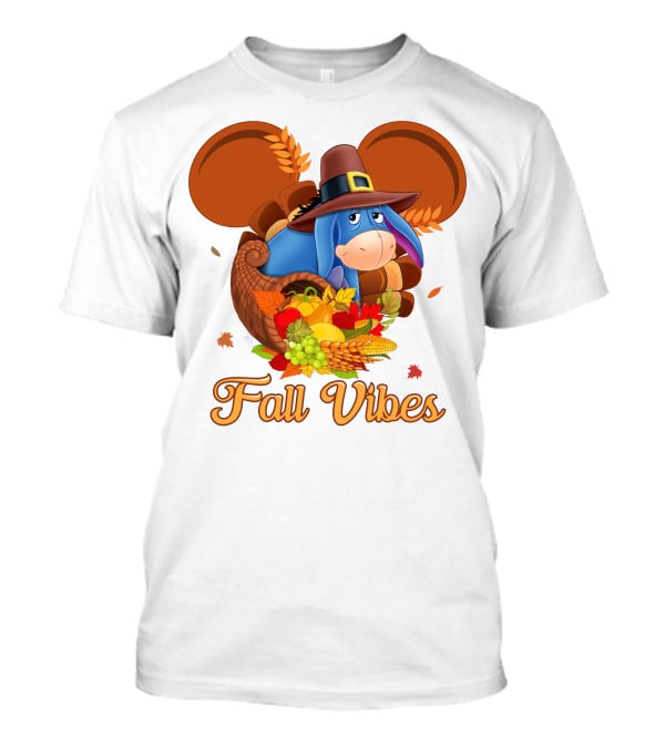 Eeyore Fall Vibes Cornucopia With Pilgrim Hat And Autumn Leaves T-Shirt
