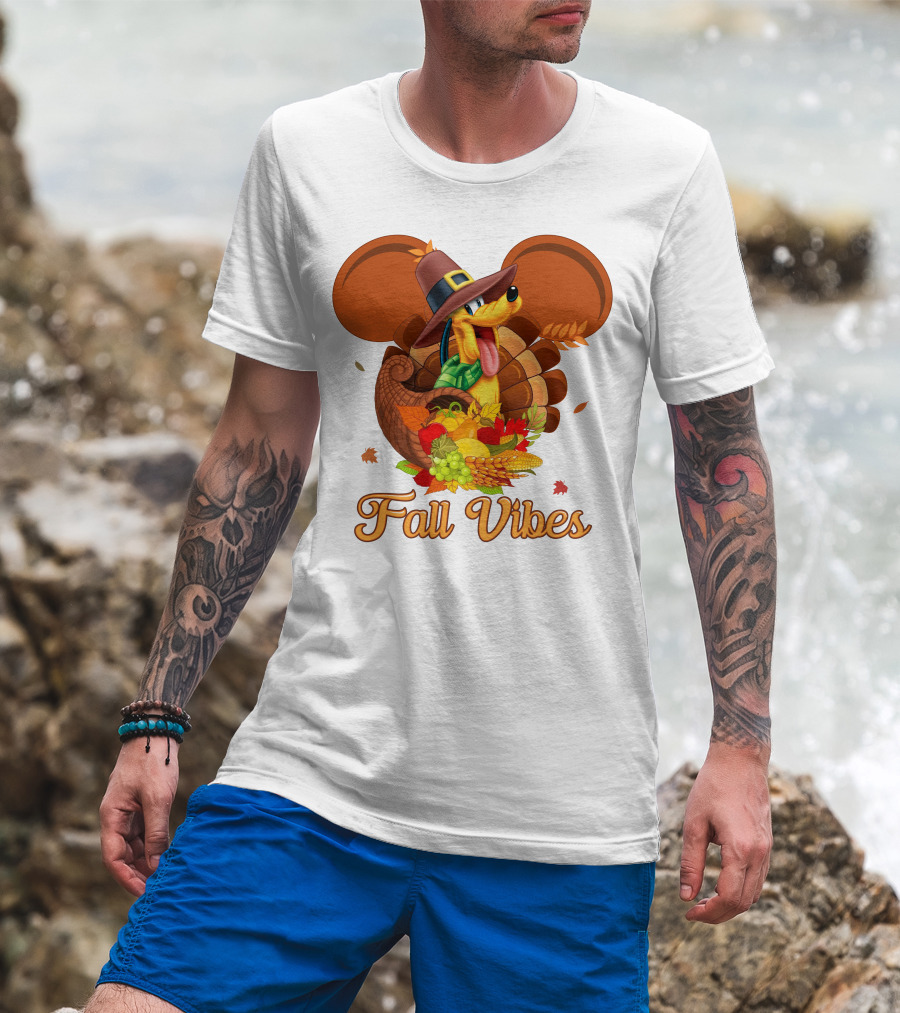 Pluto Fall Vibes Thanksgiving Cornucopia And Autumn Leaves T-Shirt